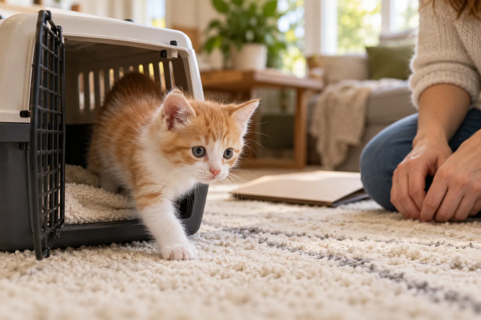 Small cat stepping out of a carrier beside an owner at home